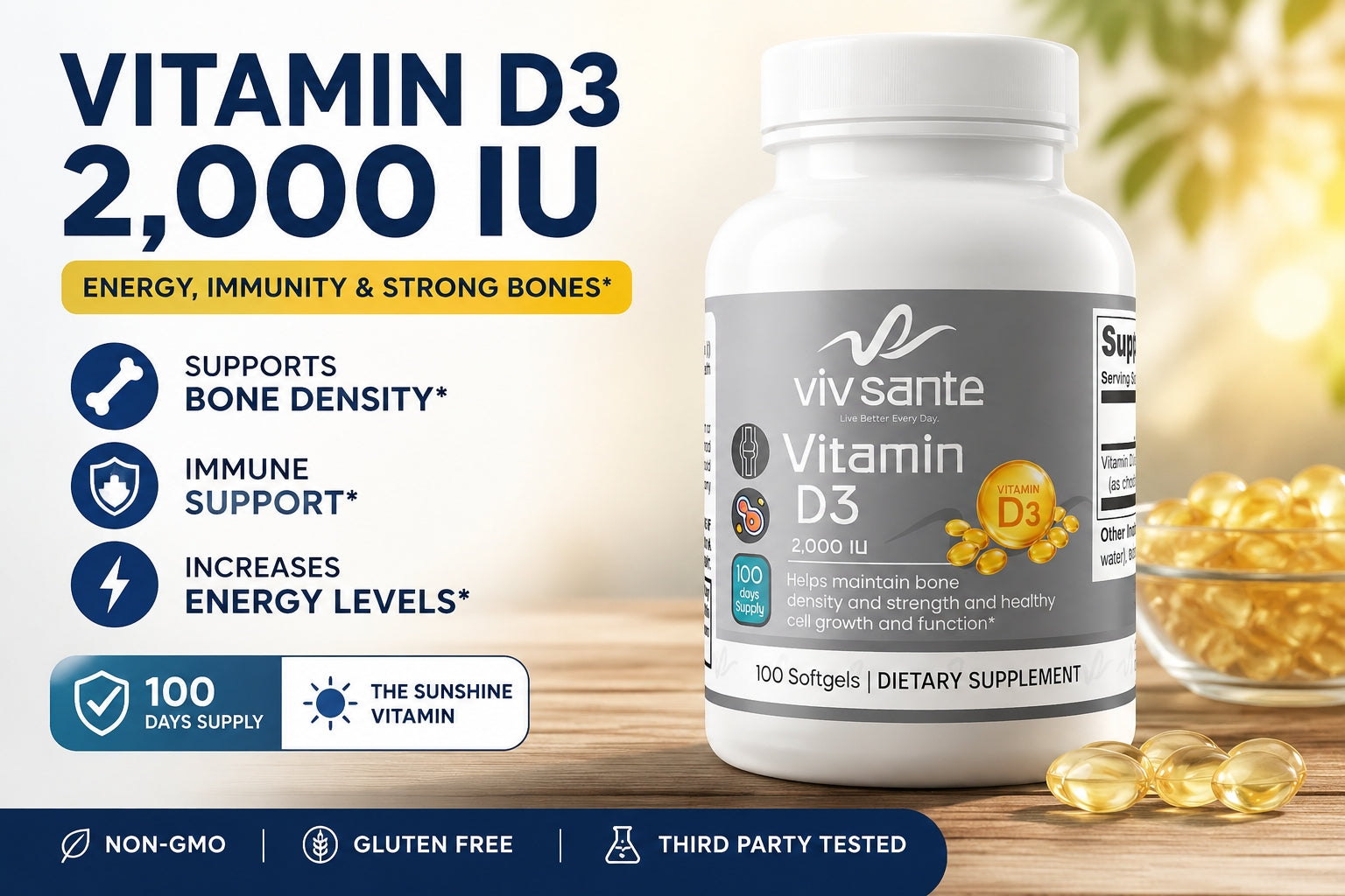 Bay Kò W Vitamin D Li Bezwen Chak Jou ak Vitamin D3 2,000 IU